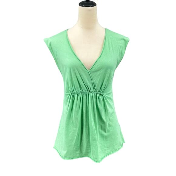 Velvet Light Mint Green Crossover V-neck Gathered Casual Sleeveless Thin Tee - Picture 1 of 12